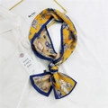 Elegant yellow twilly silk scarf with equestrian horse print and navy blue borders - Horse Saddle Harness (6F)