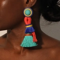Boucles d'oreilles bohèmes multicouches avec perles colorées et pompons - Pompon en Soie Cœur Bleu Vert(16# E-1861)