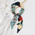 Narrow silk-like twilly scarf with mint green apple print and yellow abstract patterns - Orange Green Fruit Pattern / 6x120cm