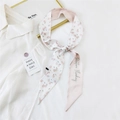 Pink cherry print narrow silk scarf with Positive Thinking text on white shirt - 17K Peach / 6*135cm