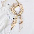 Beige narrow silk scarf with yellow pear print and Positive Thinking text - 18K Sliced Pear / 6*135cm