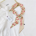 Cream narrow silk scarf with red raspberry print and Positive Thinking text - 3K Raspberry / 6*135cm