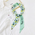 Green silk skinny scarf with Positive Thinking print and leaf patterns for handbags - 22K Star Fruit / 6*135cm