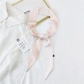 Pink daisy print skinny silk scarf tied as a ribbon hairband on white shirt background - 36K White Orchid Chrysanthemum / 6*135cm