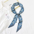 Dark blue geometric pattern narrow silk scarf tied in a bow on a white shirt - 34K Vinyl Record / 6*135cm