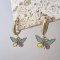 Detail of gold butterfly hoop earrings with colorful enamel drop oil finish - Butterfly Design