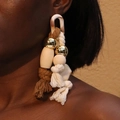 Boucles d'oreilles bohèmes avec cordon en coton tissé marron et perles en bois - Perle de Bois Tissé en Coton Boule Miroir(32# E-1894)