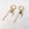 Detail of gold dangle earrings with sun star charms and natural stone beads on plush fur - Star