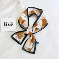 Fashionable long narrow silk scarf featuring pink and yellow abstract block patterns - Abstract Peach Green Border (5惠土豆绿边)