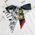 Foulard en soie style français avec motif éléphant et fleurs en polyester noué en nœud - Éléphant Fleur Noir Blanc