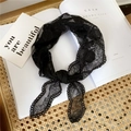 Elegant black floral lace triangle headscarf with hollow mesh design and knotted center - Black