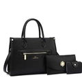 Schwarzes dreiteiliges Set aus PU-Leder mit Perlentotentasche und goldenen Details - Schwarz Set