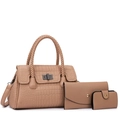 Three-piece set of nude crocodile embossed handbags with woven handles and metal locks - Khaki (3-Piece Set)