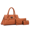 3-piece orange faux leather handbag set with crocodile pattern and woven handle - Brown (3-Piece Set)
