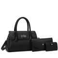 Detail view of black crocodile pattern tote bag set with envelope clutch and coin purse - Black (3-Piece Set)