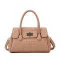 Khaki crocodile embossed handbag set with woven handle and metallic twist lock clasp - Khaki Single Bag