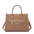 Elegante hellbraune Tote-Tasche aus Leder mit Litschi-Struktur und Gold-Metallteilen - Khaki Einzeltasche