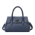 Dark blue crocodile pattern handbag with woven handles and metal twist lock detail - Blue Single Bag