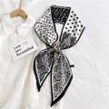 Elegant black and white polka dot paisley skinny scarf tied on a white shirt - White Polka Dot Paisley (22)