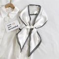 Elegant ivory silk ribbon scarf with houndstooth edge tied in a stylish bow knot - White Houndstooth Edge (7)
