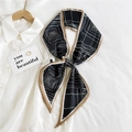 Black and white geometric twilly silk scarf with tan borders on a white shirt - Black Base Fine Line (2)