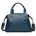 Dark blue leather tote bag with lychee texture and geometric pattern wide shoulder strap - Blue