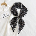 Long black paisley silk scarf tied in a bow over a white shirt with elegant stripe edges - Black Paisley Lily (16)
