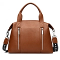 Brown large capacity tote bag with lychee texture and geometric patterned strap - Brown