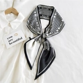 Elegant houndstooth silk scarf with letter print tied on a white shirt collar - B/W Houndstooth HILLDI (28)