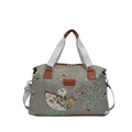 Bolso tote grande de tapiz con estampado de flores y aves y asas de cuero en gris humo - Gris