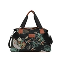 Bolso tote de lona con estampado floral, cuerpo negro y asas de cuero marrón vintage - Negro