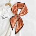 Orange and brown paisley silk-feel long neck scarf tied on a white shirt collar - Orange Paisley Grid (13)
