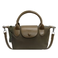 Olive green nylon tote bag with leather handles and fashion embossed flap detail - Dark Green