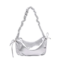 Bolso de hombro plisado plateado en forma de luna con asa rizada y detalles de lazo - Plateado