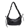 Bolso hobo negro brillante con asa fruncida y detalles de lazos laterales ajustables - Negro