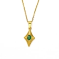 Elegant gold chain necklace with a vintage green gemstone rhombus pendant and radiant carvings - Gold Green Stone