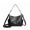 Borsa a tracolla da donna in pelle PU lavata nera con cerniere decorative e dettaglio a cuore - Nero