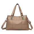 Minimalist khaki PU leather handbag with grid stitching and adjustable shoulder strap - Light Khaki