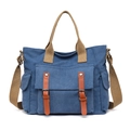 Blue canvas large capacity tote bag with brown straps and vintage metal buckles - Blue
