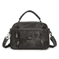 Deep grey faux leather multi-pocket handbag with adjustable shoulder strap for women - Black