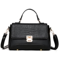 Elegant black faux leather handbag with crocodile pattern flap and gold lock detail - Black