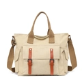 Vintage kaki canvas schoudertas met groot voorvak en bruine stoffen riemen - Khaki