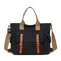 Retro zwarte canvas shopper met kaki hengsels en bruine imitatielederen gespdetails - Zwart