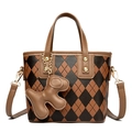 Classic brown checkered bucket bag with leather handles and cute puppy charm - Yellow Brown