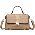 Caramel brown handbag with crocodile texture flap and smooth pebbled leather body - Khaki
