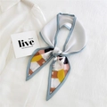 Narrow silk scarf in cream and light blue with modern urban illustration print - City Girl Illustration Milk Tea