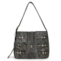 Distressed dark grey canvas tote bag with punk style buckles and metal eyelet details - Black