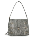 Large vintage washed grey tote bag with metallic buckles and wide shoulder strap - Gray