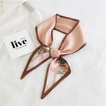 Pink checkered narrow scarf with artistic illustration and elegant dark brown border - Checkered Portrait Bathing