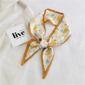 Floral bird print long silk scarf in yellow and beige for hair or bag decoration - Bird Floral Orange